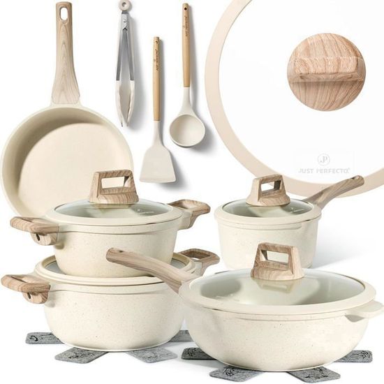 Batterie De Cuisine 15 Pièces Induction - Poêles Casseroles Antiadhésives Granit, Wok, Couvercles Verre - Compatible Tous Feux