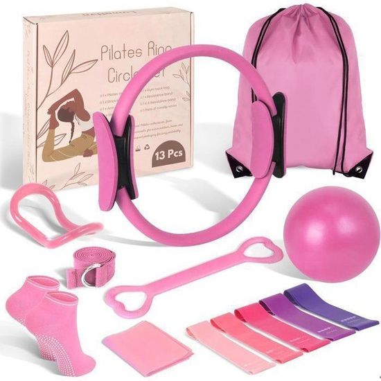 JEENIN Lot De 5 Anneaux Pilates & Accessoires – Cercle Magique, Bande Élastique, Sangle, Mini Ballon – Kit Complet Yoga Fitness Maison (Violet)
