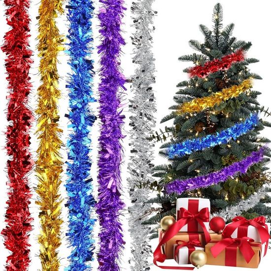 Guirlande Sapin Noël 6 Pièces - Guirlandes Métalliques Brillantes Or, Argent, Rouge Pour Décoration Intérieure Et Extérieure