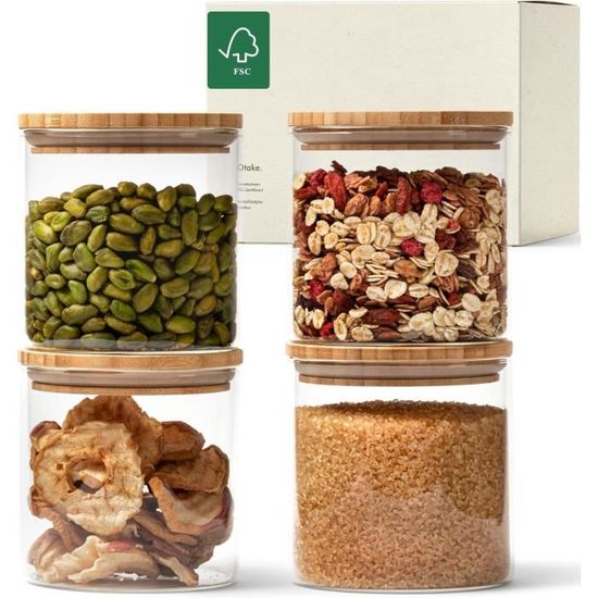 Lot De 4 Bocaux En Verre Hermétique 1500ml Avec Couvercle Bambou - Conservation Céréales Farine Noix