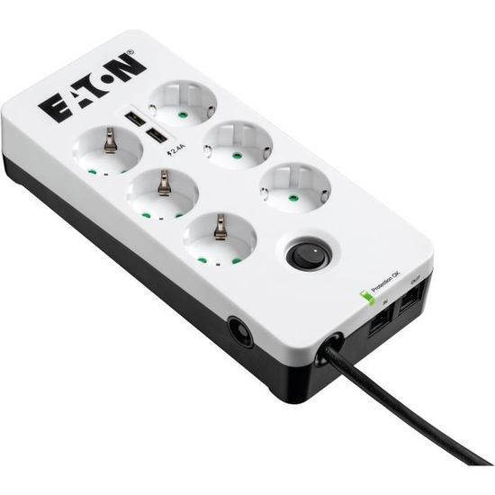 Multiprise/Parafoudre - EATON Protection Box 6 Tel@ USB DIN - PB6TUD - 6 prises DIN + 1 prise tel/RJ + 2 ports USB - Blanc & Noir