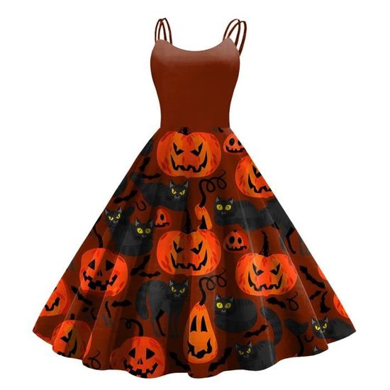 Robe Halloween Femme MOKBAY - Longue, Manches Longues, Imprimé Festif, Pour Déguisement Soirée