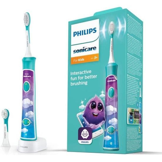 Brosse à dents électrique connectée PHILIPS SONICARE HX6322/04 pour enfant  (2 modes 3+ et 7+ - Bleu turquoise)  2 têtes de brosses