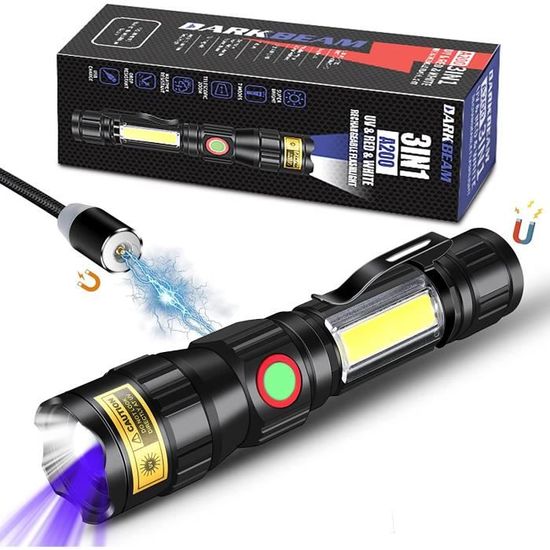 DARKBEAM - Linterna UV De 365 Nm, Recargable, USB, Para Madera, Luz Ultravioleta, Negra, LED