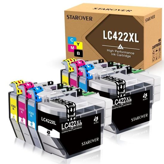 Lot De 8 Cartouches D'encre Compatibles Brother LC422XL - 2 Noir (3000p), 2 Cyan, 2 Magenta, 2 Jaune - Pour Imprimantes J Série - 10