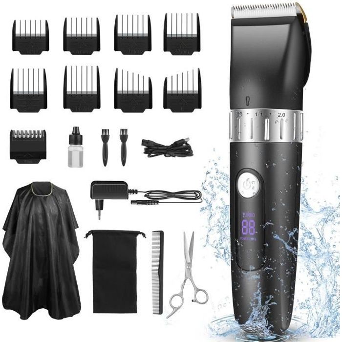 Tondeuse Cheveux IPX7 Sans Fil Rasoir Barbe Rechargeable Electrique Tondeuse Corps Sans Fils USB Écran LCD pour Hommes Enfants