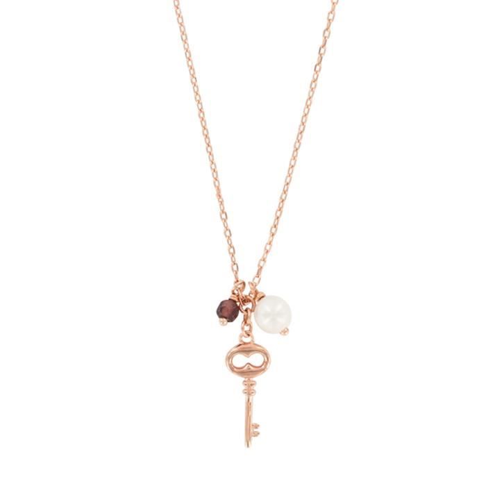 Jouailla - Collier - Argent 925-1000 - Doré rose - Perle de nacre et cristal teinté - Motif clé