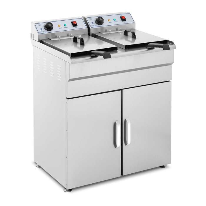 Friteuse sur armoire avec robinet de vidange Royal Catering 2x16L 2x6.000W 380V courant fort Paniers 25x23x12 cm Inox RCKF 16D
