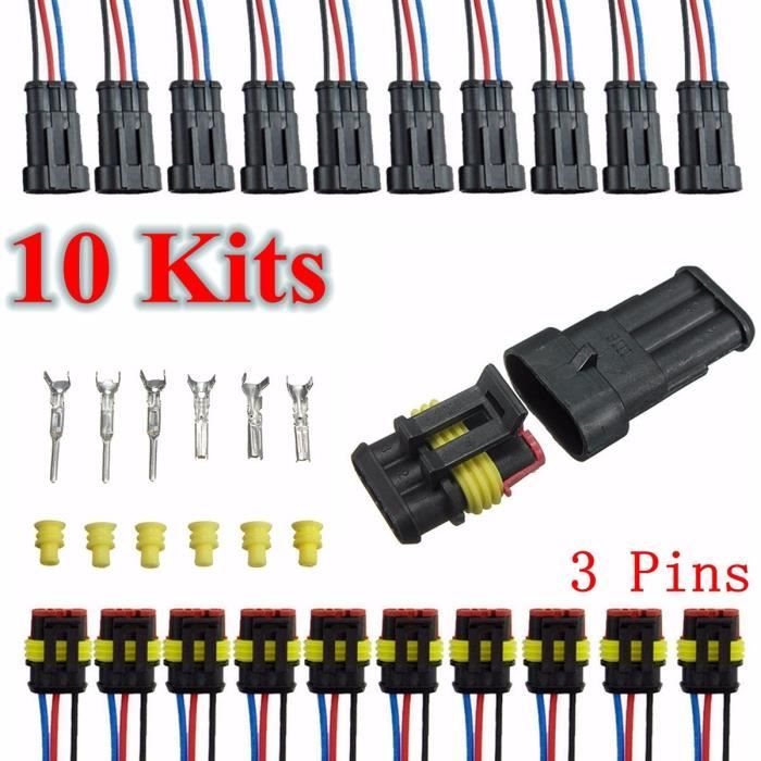 10 Kits Connecteur Prise Imperméable Etanche 3Pins Canaux Pour Voiture Bateau