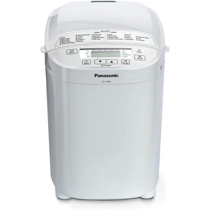 Panasonic Machine à Pain SD-2500Wxe - 25 Programmes Dont sans Gluten, Pâte à Pizza, Pain Complet, Brioche, Confiture, 3 tailles de P