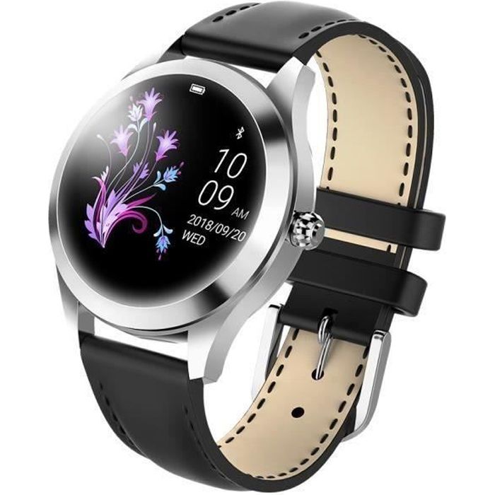 Montre Connectée Femme IP68 Étanche de Fréquence Cardiaque Sommeil Rappel - Cuir Argenté Noir