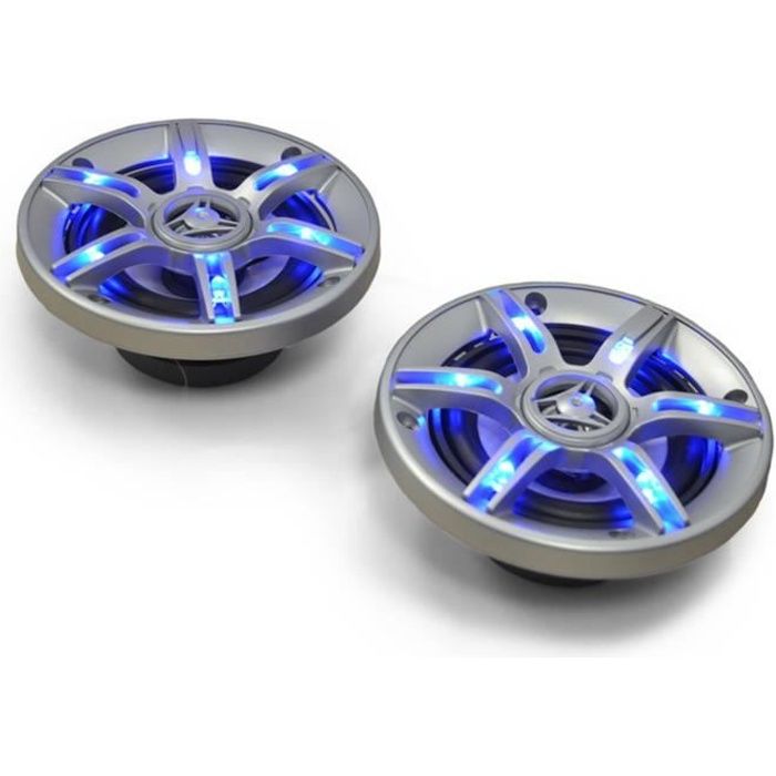 auna CS-LED4 -Haut-Parleurs de voiture coaxiaux 3 voies (10cm 4 pouces, 90 Décibels, câbles inclus) - Eclairage bleu LED