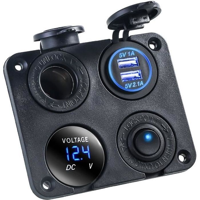 4 en 1 double USB voiture allume-cigare prise chargeur voltmètre interrupteur 12V / 24V (lumière bleue)