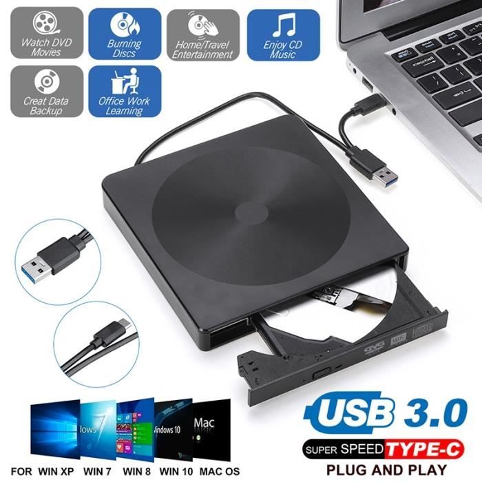Lecteur CD DVD Externe USB 3.0 et Type C,Graveur de DVD CD Portable, Transmission de Données Rapide, Compatible