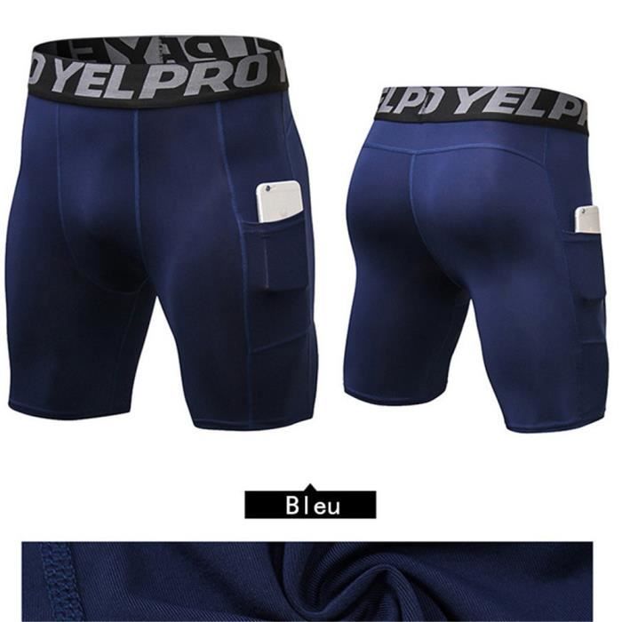 Hommes Poche Pantalons Court Sport Compression Élastique Leggings Short Slim Collant Cyclisme Fitness Séchage Rapide Bleu