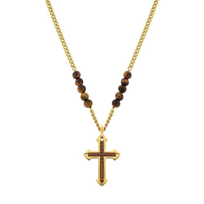 Collier Police man Cuillin PJ.26568PSG-02 collection en acier inoxydable. bicolor or boules croix brune