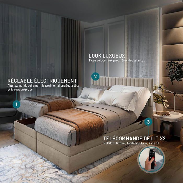 Lit adulte ADÈLE - ensemble matelas+sommier relaxation électrique - 160x200 cm - velours beige Lit adulte ADÈLE - ensemble matelas+sommier relaxation électrique - 160x200 cm - velours beige