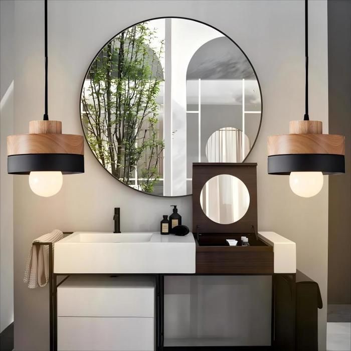 WOTTES Suspension en Bois et Métal - Noir 2pcs - Ø18*10cm - E27 - Design rétro Rond - Éclairage intérieur Lustre Cuisine Salon