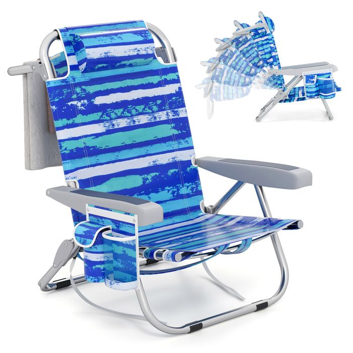 COSTWAY Chaise de Camping Pliable 5 Positions Réglables Appui-Tête Poches Latérales Porte-Serviettes Chaise de Plage Rayure Bleu