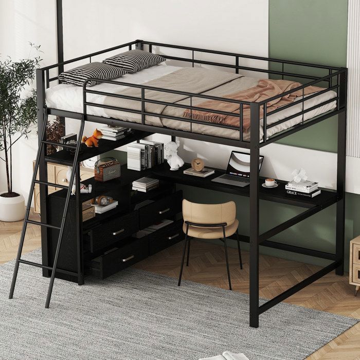Lit Mezzanine Merax 140x200cm Cadre de Lit en Fer avec Bureau en L Noir