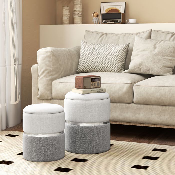 Poufs Salon Lot de 2 - RELAX4LIFE - Espace de Rangement de 32L et 21L - Conception Empilable - en Velours - Charge 150KG - Gris