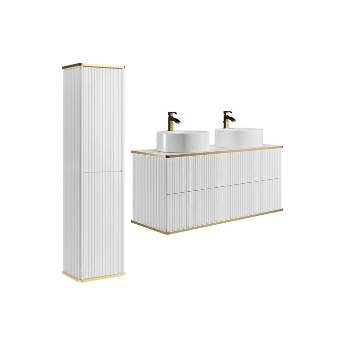 Meuble de salle de bain suspendu strié avec double vasque à poser ronde et colonne - Blanc - 120 cm - KELIZA
