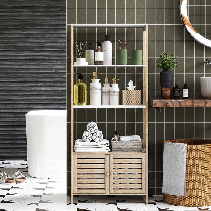 Colonne salle de bain bambou - 3 étagères + placard - 63 x 30 x 138 cm bois naturel Blanc Colonne salle de bain bambou - 3 étagères + placard - 63 x 30 x 138 cm bois naturel Blanc