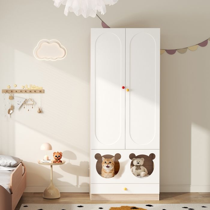 Armoire pour enfants avec barre de repassage avec lit de chat Plaques laquées + plaque à spandre poignées en céramique colorées