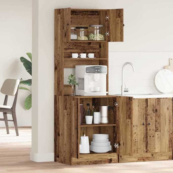 Buffet de cuisine en bois - WIENS - 60x50x180 cm - Bois ancien - 5 étagères - 4 portes - Grand espace de stockage