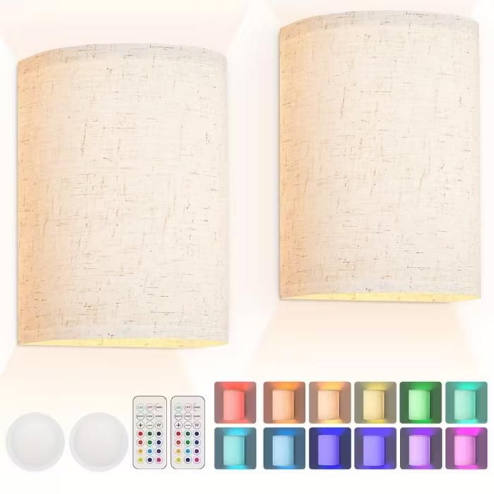 Applique murale RGB - 2 appliques sans fil - Abat-jour en tissu blanc - Télécommande incluse - Installation sans perçage - 3 * AA