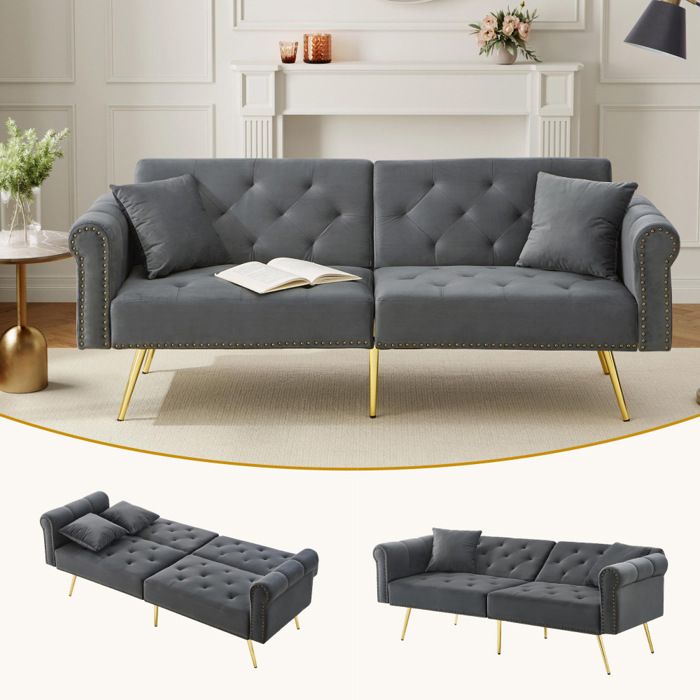 Canapé convertible Moderne 2 places - Couverture velvet coulisse avec réglage à 3 niveaux et pieds en métal dorésGris
