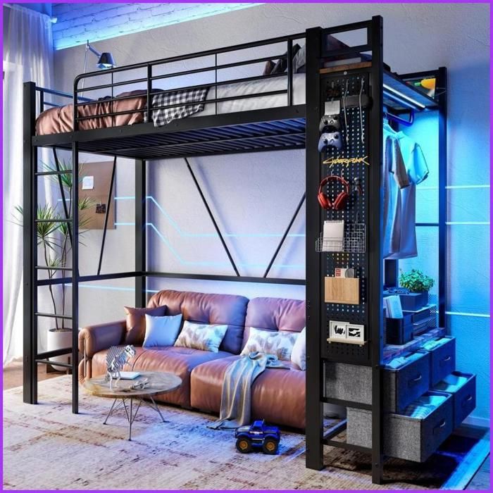 Lit mezzanine 90x200cm - Cadre fer + MDF - Rangement 4 tiroirs + étagères + panneau perforé - LED + USB/Type-C - Noir