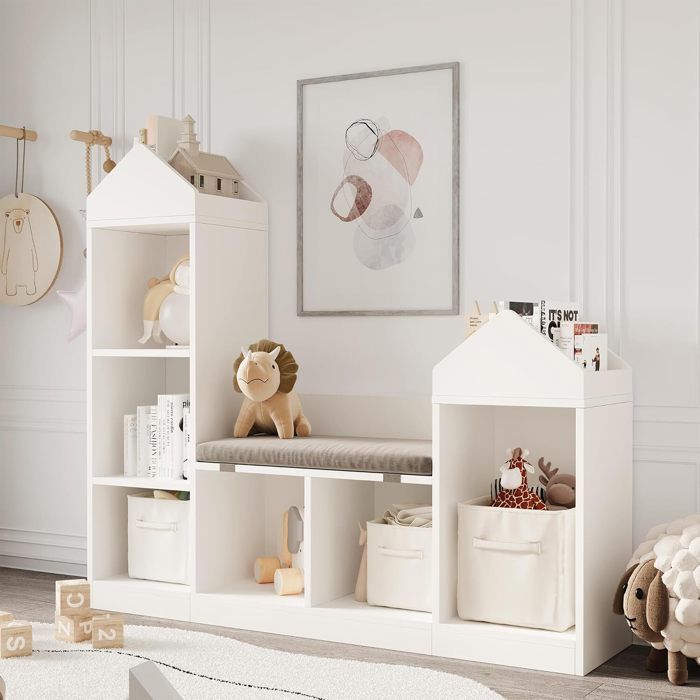 GARVEE Bibliothèque enfant 2‑en‑1 avec 8 compartiments et coussin Étagère à jouetsblanche 121 x 30 x 108 cm