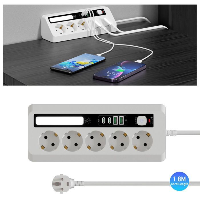 Multiprise - QUBEBU - 5 prises (9 en 1) - 2x USB-C 2x USB-A - LED veilleuse - Câble 18 m