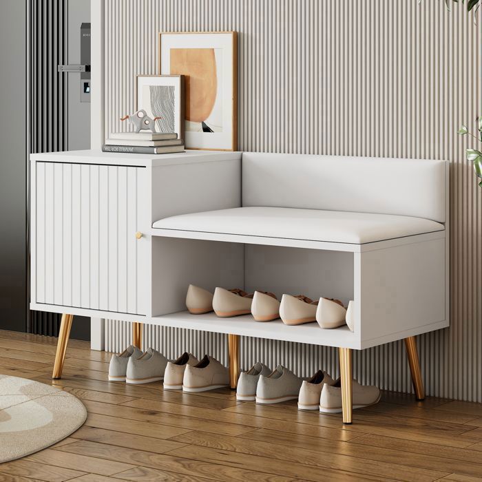 Merax Banc à Chaussures Blanc - avec Assise Rembourrée et Dossier - Meuble d’Entrée - Design Métal Doré