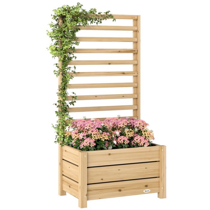 Jardinière avec treillis - Outsunny - trou de drainage et doublure intérieure - bois - 60 x 39 x 120 cm - bois naturel