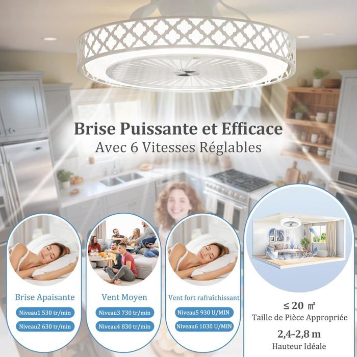 GIANTEX Ventilateur de Plafond 48 cm avec Éclairage LED DimmablePlafonnier 6 Vitesses de VentMinuterieTélécommandeBlanc - Giantex