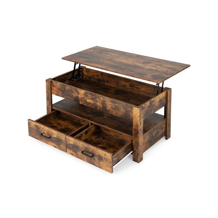Table basse relevable - HELLOSHOP26 - 106x50x61 cm - Marron rustique - Rangement caché - Système pneumatique