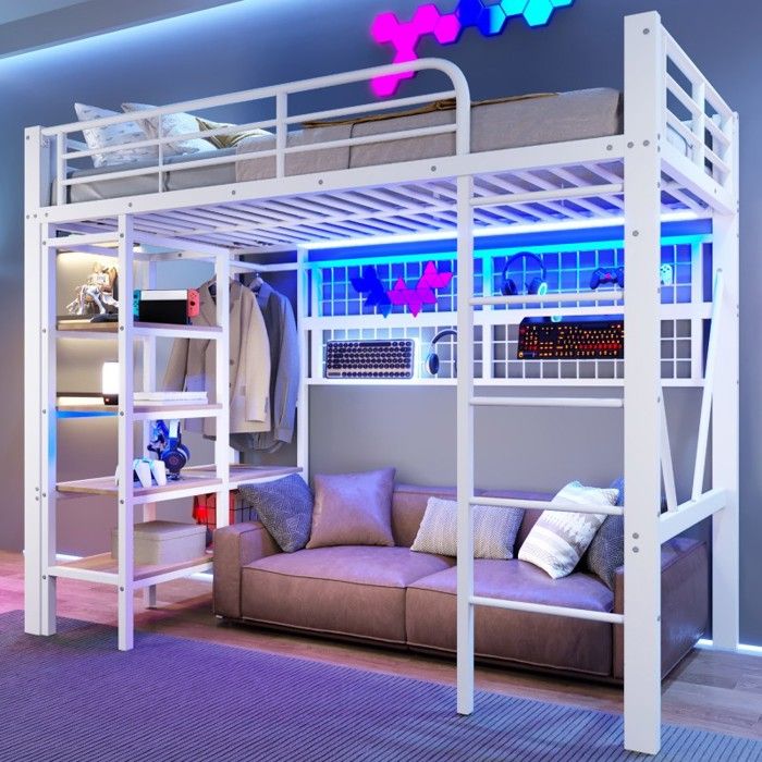 Lit mezzanine 90x200 cm - VVBV - N636P389190K - LED intégrée contrôlable - Penderie & grille rangement - Sommier à lattes