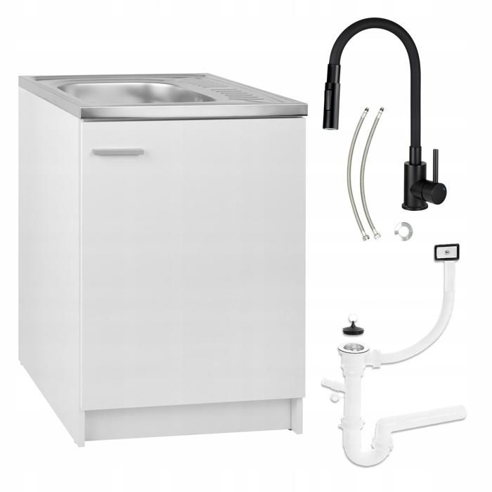 Meuble sous Évier 60 cm Blanc + Évier Deante Inox + Robinet Extensible 2-en-1 Noir + Siphon LV - 60x60x82 cm