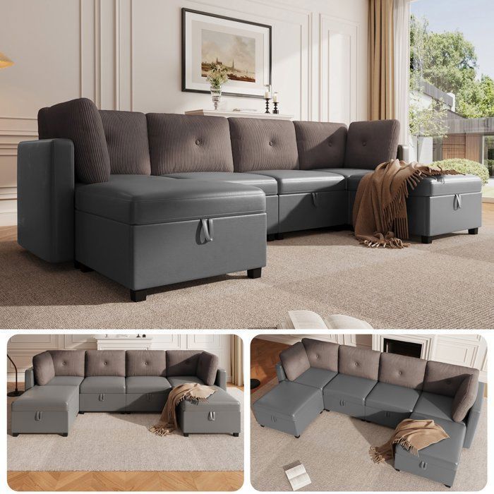 Canapé dangle modulable U à 6 modules rangement lit de jour fauteuil velours et velours côtelé mousse haute densité gris antique