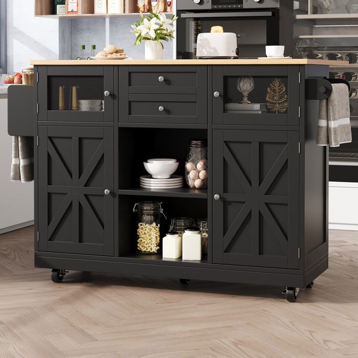 LINHOO Îlot de Cuisine 140 cm avec Table Rabattable Prises Roulettes et Étagères Réglables Rangement Multifonction Noir