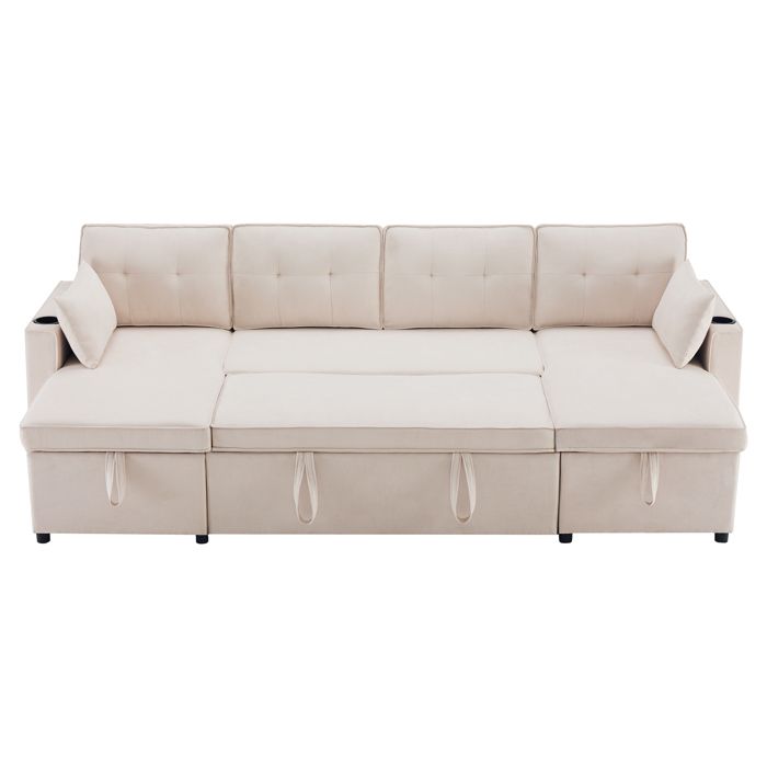VLIVRA Canapé panoramique en U convertible 4 places avec rangements porte-gobelets et coussins en coton lin beige 270 × 130 × 86 cm