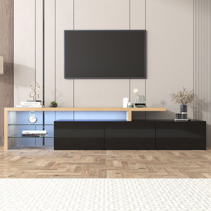 Meuble TV 200 cm avec LED 3 Portes et Étagères en Verre Moderne Meuble Banc Tele Bas Meuble Télé pour Salon Bois & Noir Brillant
