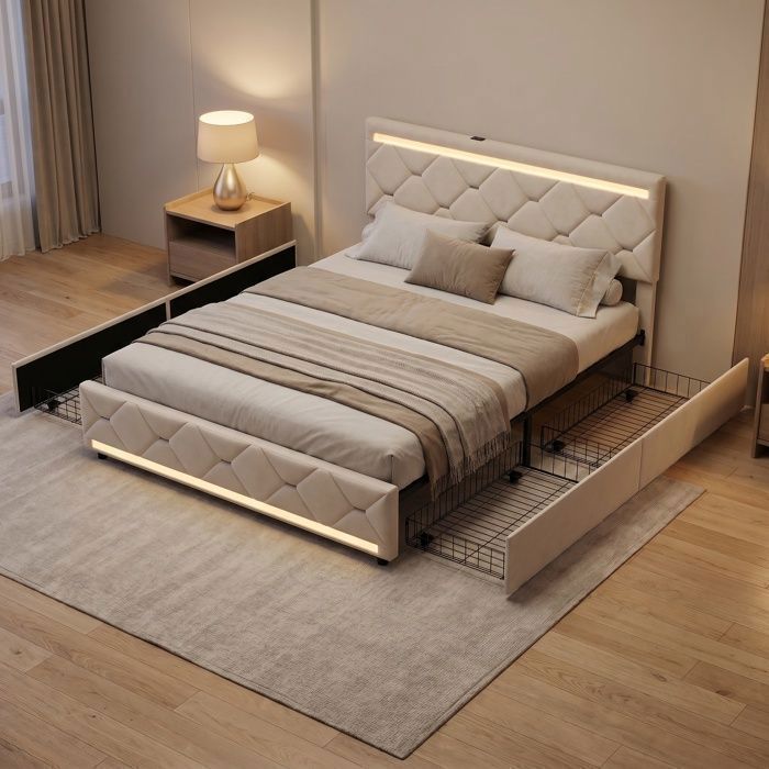 Lit double 140x190 cm  avec 4 Tiroirs - Tête et Pied de Lit Connectés (USB) - Éclairage LED RGB  - Sans matelas  - Blanc cassé