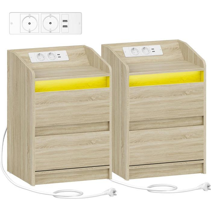 Tables de Chevet avec lumières LED Lot de 2 Station de Chargement et 2 tiroirsavec Ports USB et Prises électriquesCouleur Chêne