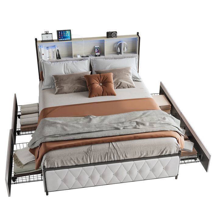 Lit 160x200 cm - structure de lit - RWUDV - lit double 160x200 - LED - USB - lit adulte 160x200 sommier - cadre de lit 160x200-Beige