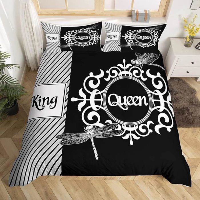 Housse de couette libellule 220x240cm noir et blanc parure 3 pièces pour couple – cadeau hommes femmes (Noir et PARURE DE COUETTE