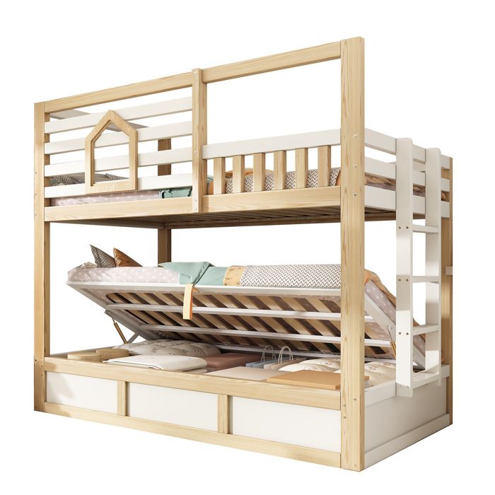 Lit superposé enfant 90x200 cm 2 places en style cabane blanc/naturel avec fenêtre et barrière de sécurité
