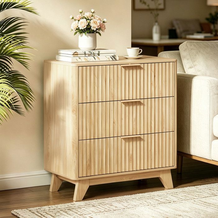 Commode 3 tiroirs - ALIGHTUP- design scandinave sur pieds Façade à Lamelles 70x35x75 cm Chêne Commode 3 tiroirs - ALIGHTUP- design scandinave sur pieds Façade à Lamelles 70x35x75 cm Chêne